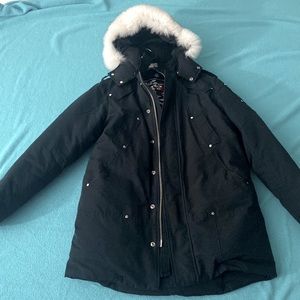 Mens Moose Knuckles Stirling Parka Size Large Black with Real Fox Fur Trim